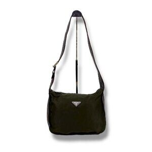 Prada One Shoulder Bag Leather Tessuto Nylon Triangle Logo Khaki Brown Hobo Soho